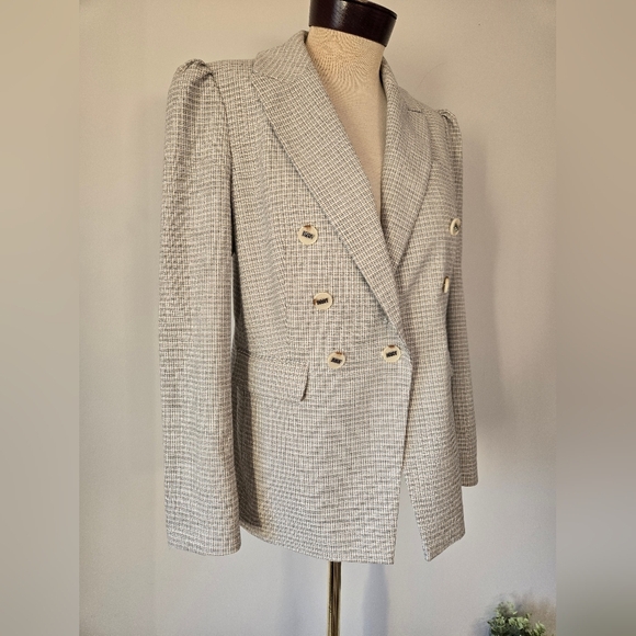 DKNY Double-Breasted Blazer| branded Buttons. Microplaid,white,beige,black. 8 - Picture 2 of 14